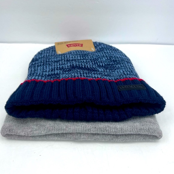 LEVI’S, BEANIE SET,2 WARM BEANIES,NAVY BLUE W/PATTERN & GREY,100%ACRYLIC, UNUSEX - Picture 7 of 16